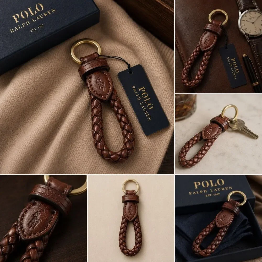 Polo Ralph Lauren Braided Genuine Leather Key Chain Brown Brass Ring NWT Pony